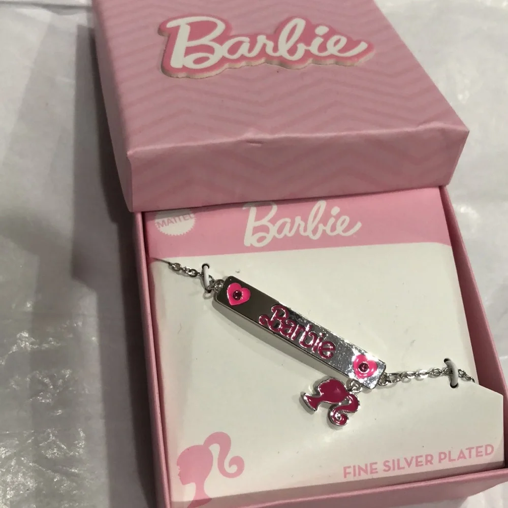 Barbie fine silver plated Barbie charm pink heart printed bar bracelet new‎
